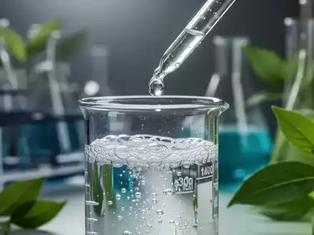 Nahaufnahme einer sprudelnden Flüssigkeit in einem Becherglas mit einer Pipette, die eine Substanz hinzufügt, im Vordergrund von grünen Blättern. - Foto: über boerse-global.de