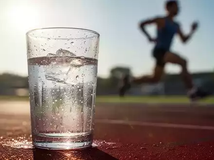 Ein klares Glas Wasser mit Kondenswasser im Vordergrund, im Hintergrund verschwommen ein Läufer auf einer sonnigen Laufbahn. - Foto: über boerse-global.de