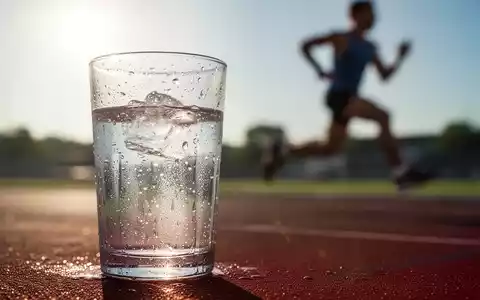 Ein klares Glas Wasser mit Kondenswasser im Vordergrund, im Hintergrund verschwommen ein Läufer auf einer sonnigen Laufbahn. - Foto: über boerse-global.de