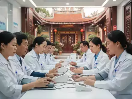 Vietnamesische Bürger bei einer Blutdruckmessung in einem modernen Gesundheitszentrum in Hanoi. Medizinisches Personal betreut die Patienten. - Foto: über boerse-global.de