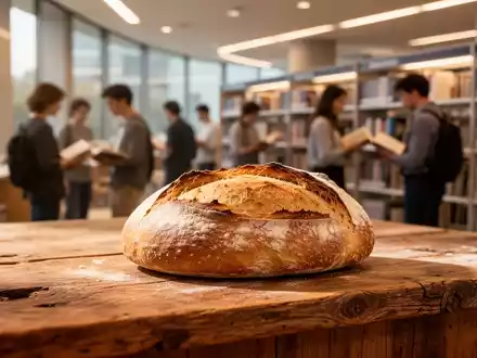 Ein frisches Brot auf einer Theke, im Hintergrund unscharf eine moderne Bibliothek mit Menschen, die Bücher lesen. - Foto: über boerse-global.de