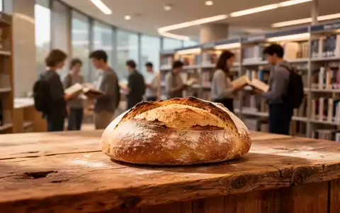 Ein frisches Brot auf einer Theke, im Hintergrund unscharf eine moderne Bibliothek mit Menschen, die BĂŒcher lesen. - Foto: ĂŒber boerse-global.de