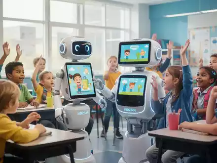 Ein futuristischer, freundlicher Bildungsroboter (KIDZBot) interagiert mit Grundschulkindern in einem modernen Klassenzimmer. - Foto: über boerse-global.de