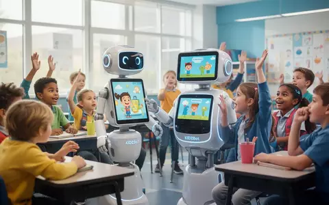Ein futuristischer, freundlicher Bildungsroboter (KIDZBot) interagiert mit Grundschulkindern in einem modernen Klassenzimmer. - Foto: über boerse-global.de