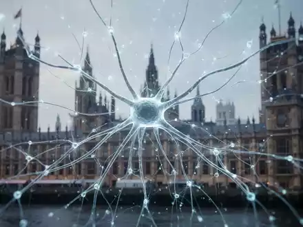 Abstraktes digitales neuronales Netzwerk als Symbol für KI, im Hintergrund verschwommenes britisches Parlamentsgebäude, das auf KI-Regulierung hindeutet. - Foto: über boerse-global.de