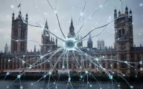Abstraktes digitales neuronales Netzwerk als Symbol für KI, im Hintergrund verschwommenes britisches Parlamentsgebäude, das auf KI-Regulierung hindeutet. - Foto: über boerse-global.de