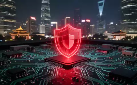 Stilisierte Leiterplatte mit rotem Firewall-Symbol vor verschwommener chinesischer Stadtsilhouette, symbolisiert KI-Regulierung. - Foto: über boerse-global.de
