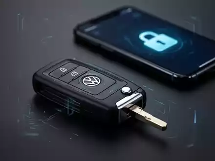 Ein stilisierter Volkswagen-Autoschlüssel auf einer dunklen Oberfläche mit einem unscharfen Smartphone im Hintergrund, das ein Schlosssymbol anzeigt. - Foto: über boerse-global.de