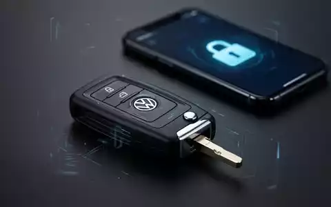 Ein stilisierter Volkswagen-Autoschlüssel auf einer dunklen Oberfläche mit einem unscharfen Smartphone im Hintergrund, das ein Schlosssymbol anzeigt. - Foto: über boerse-global.de
