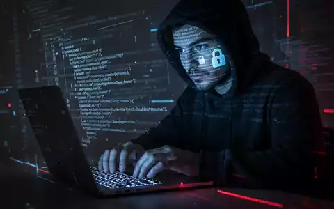 Person in Kapuzenjacke tippt auf Laptop, digitale Codes und Schloss-Symbole spiegeln sich im Gesicht, Symbol für Cyberkriminalität. - Foto: über boerse-global.de