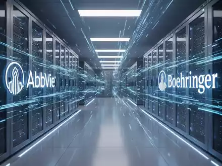 Futuristischer Serverraum mit leuchtenden blauen Datenströmen, der technologische Zusammenarbeit und pharmazeutische Innovation symbolisiert. - Foto: über boerse-global.de