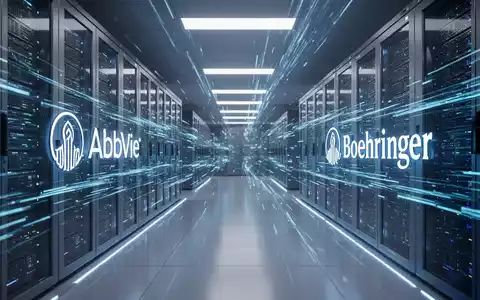 Futuristischer Serverraum mit leuchtenden blauen Datenströmen, der technologische Zusammenarbeit und pharmazeutische Innovation symbolisiert. - Foto: über boerse-global.de