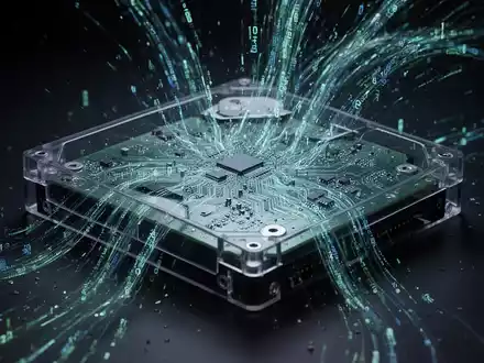Digitale Illustration von Daten, die aus einer durchsichtigen Festplatte überquellen, symbolisiert übermäßigen Speicherverbrauch und Systemaufblähung. - Foto: über boerse-global.de