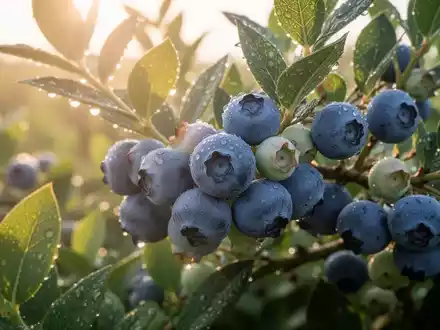 Nahaufnahme von reifen Heidelbeeren an einem Busch, mit Tautropfen und sanftem Sonnenlicht, das Frische und Gesundheit suggeriert. - Foto: über boerse-global.de