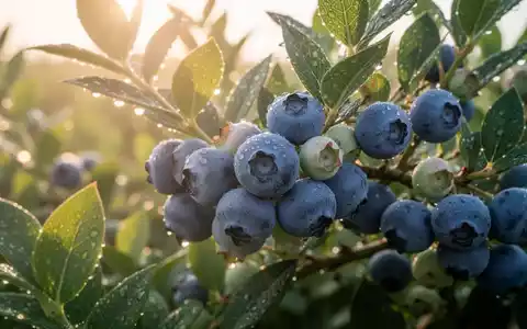 Nahaufnahme von reifen Heidelbeeren an einem Busch, mit Tautropfen und sanftem Sonnenlicht, das Frische und Gesundheit suggeriert. - Foto: über boerse-global.de