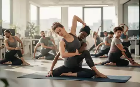 Büroangestellte machen Yoga- und Pilates-Übungen in einem modernen Büro, um Rückenschmerzen vorzubeugen und die Haltung zu verbessern. - Foto: über boerse-global.de