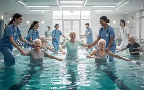 Ergotherapie-Auszubildende leiten ein Funktionstraining für Rheuma-Patienten in einem hellen Hallenbad, die Teilnehmer führen Übungen im Wasser durch. - Foto: über boerse-global.de