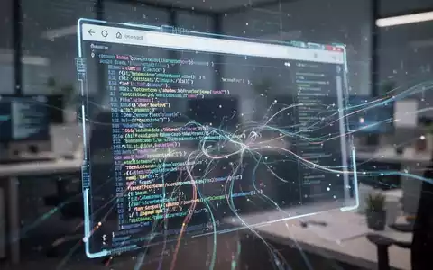 Nahaufnahme einer abstrakten digitalen E-Mail-Client-Oberfläche mit Datenströmen, unscharfes Büro im Hintergrund. - Foto: über boerse-global.de