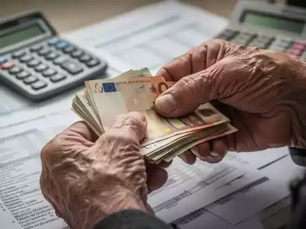 Nahaufnahme der Hände einer älteren Person, die Euro-Banknoten zählt, mit unscharfen Finanzdokumenten im Hintergrund. - Foto: über boerse-global.de