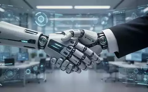 Eine Roboterhand schüttelt eine menschliche Hand in einem modernen Büro, symbolisierend neue EU-Regeln für Robotik ab 2027. - Foto: über boerse-global.de