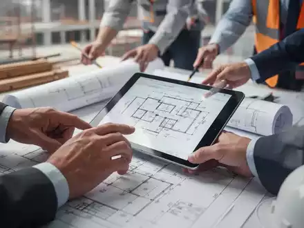 Hände eines Ingenieurs, die einen Bauplan oder ein Tablet mit technischen Zeichnungen prüfen, im Hintergrund angedeutete Industrie. - Foto: über boerse-global.de