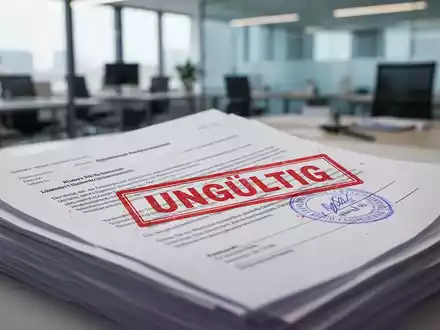 Nahaufnahme von gestapelten Dokumenten mit einem roten 'UNGÜLTIG'-Stempel, der auf rechtliche Fehler oder Nichtigkeit hinweist. - Foto: über boerse-global.de