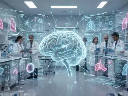 Ein futuristisches medizinisches Labor mit holografischen Schnittstellen, die KI-Daten für Onkologie und Atemwegserkrankungen anzeigen. - Foto: über boerse-global.de
