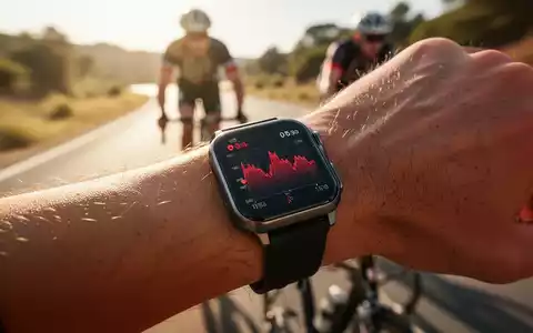 Eine Nahaufnahme einer Smartwatch am Handgelenk eines Radfahrers, die Herzfrequenzdaten mit Anomalien anzeigt. - Foto: über boerse-global.de