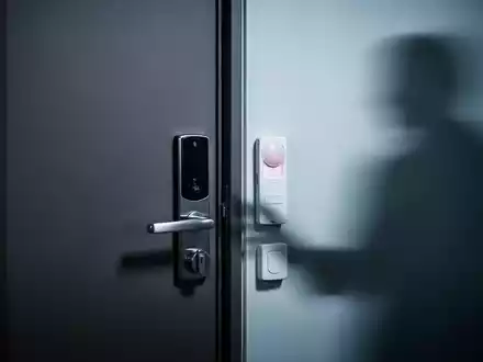 Eine Nahaufnahme einer modernen Wohnungstür mit einem Sicherheitsschloss und einem Alarmsensor, gedämpft beleuchtet. - Foto: über boerse-global.de