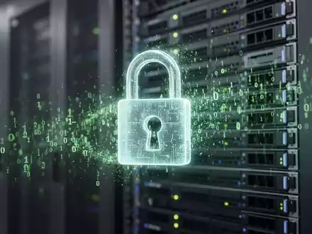 Ein glühendes digitales Vorhängeschloss löst sich in grüne Binärcodes auf, über einem unscharfen Serverrack. - Foto: über boerse-global.de