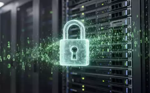 Ein glühendes digitales Vorhängeschloss löst sich in grüne Binärcodes auf, über einem unscharfen Serverrack. - Foto: über boerse-global.de