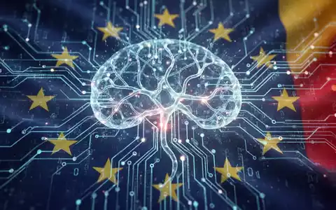 Leuchtendes, komplexes neuronales Netzwerk mit digitalen Datenströmen, dezent mit EU-Flaggenfarben überlagert, symbolisiert KI-Regulierung. - Foto: über boerse-global.de