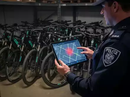 Ein Polizist mit Tablet und Ortungstechnik steht neben mehreren sichergestellten E-Bikes in einem dunklen Lagerraum. - Foto: über boerse-global.de