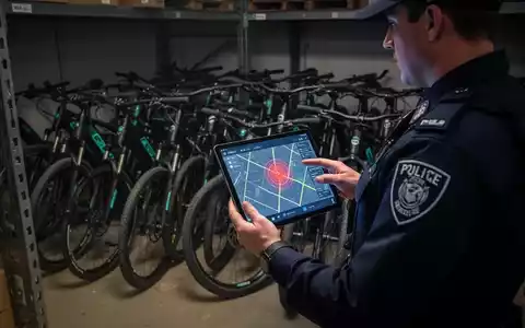 Ein Polizist mit Tablet und Ortungstechnik steht neben mehreren sichergestellten E-Bikes in einem dunklen Lagerraum. - Foto: über boerse-global.de