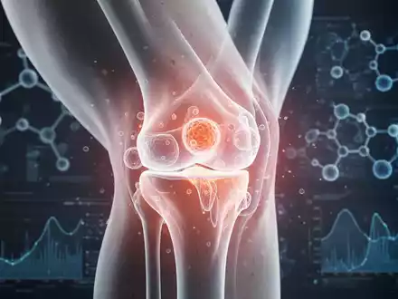 Nahaufnahme eines menschlichen Kniegelenks mit subtilen Anzeichen von Arthrose und einer leuchtenden Darstellung der Knorpelregeneration. - Foto: über boerse-global.de