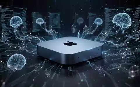 Ein leuchtender Apple Mac Mini, umgeben von abstraktem blauen Licht und Datenströmen, symbolisiert KI-Verarbeitung und fortschrittliche Technologie. - Foto: über boerse-global.de