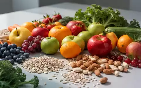 Nahaufnahme einer Auswahl bunter, frischer und gesunder Lebensmittel wie Obst, Gemüse, Vollkornprodukte und Nüsse, die eine ausgewogene Ernährung symbolisieren. - Foto: über boerse-global.de