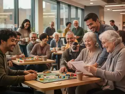 Eine Gruppe von Menschen unterschiedlichen Alters, die in einem modernen Gemeinschaftszentrum interagieren und sich gegenseitig unterstützen. - Foto: über boerse-global.de
