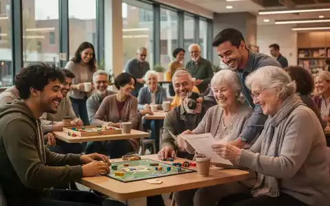 Eine Gruppe von Menschen unterschiedlichen Alters, die in einem modernen Gemeinschaftszentrum interagieren und sich gegenseitig unterstützen. - Foto: über boerse-global.de