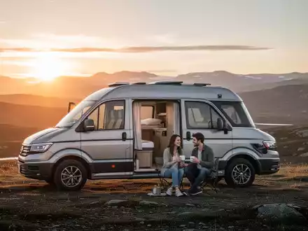 Ein minimalistischer Camper Van steht bei Sonnenaufgang in einer weiten Landschaft, ein Paar genießt Kaffee davor. - Foto: über boerse-global.de