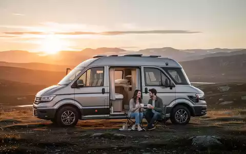 Ein minimalistischer Camper Van steht bei Sonnenaufgang in einer weiten Landschaft, ein Paar genießt Kaffee davor. - Foto: über boerse-global.de
