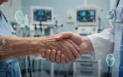 Eine ältere Hand wird von einer medizinischen Fachkraft gehalten, im Hintergrund verschwommen medizinische Geräte und KI-Diagnostik. - Foto: über boerse-global.de