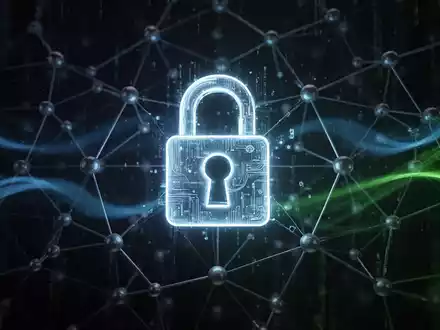Ein stilisiertes, leuchtendes digitales Schloss-Symbol über einem Netzwerk miteinander verbundener Knoten, das Cybersicherheit darstellt. - Foto: über boerse-global.de