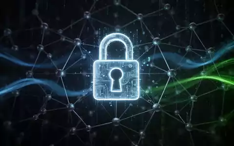 Ein stilisiertes, leuchtendes digitales Schloss-Symbol über einem Netzwerk miteinander verbundener Knoten, das Cybersicherheit darstellt. - Foto: über boerse-global.de