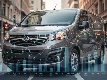 Ein moderner Opel Vivaro Transporter auf einer Stadtstraße, mit abstrakten Finanzdaten-Überlagerungen, die Kostenanalyse und Versicherungsklassen symbolisieren. - Foto: über boerse-global.de