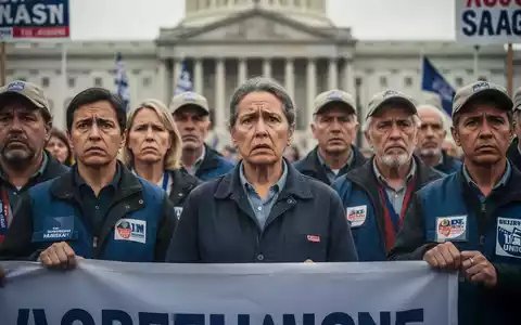 Eine Gruppe von Arbeitnehmern und Gewerkschaftsvertretern steht entschlossen zusammen, im Hintergrund ein RegierungsgebĂ€ude. Die Stimmung ist ernst. - Foto: ĂŒber boerse-global.de