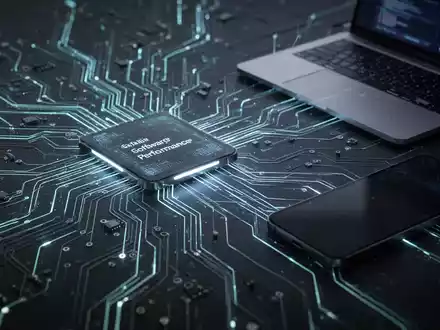 Eine futuristische Darstellung einer leuchtenden Platine, die sich mit einem Smartphone und Laptop verbindet, symbolisiert Software-Optimierung und Leistung. - Foto: über boerse-global.de