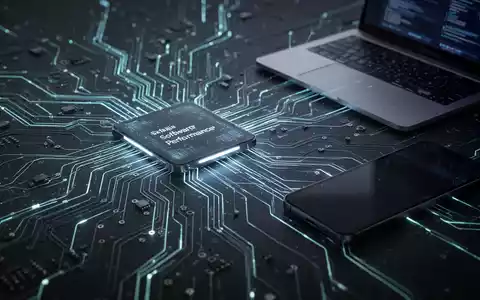 Eine futuristische Darstellung einer leuchtenden Platine, die sich mit einem Smartphone und Laptop verbindet, symbolisiert Software-Optimierung und Leistung. - Foto: über boerse-global.de