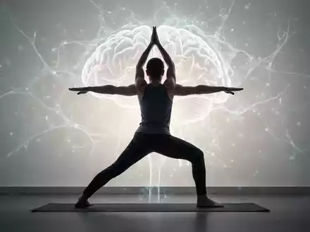Eine Person praktiziert Yoga in einer ruhigen Umgebung, mit subtilen visuellen Anspielungen auf neuronale Verbindungen im Hintergrund. - Foto: über boerse-global.de