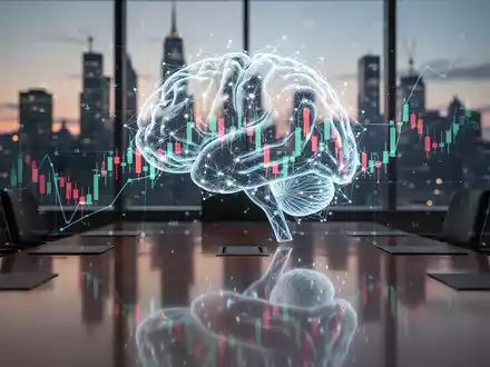 Glühendes neuronales Netz-Gehirn über Börsencharts, gespiegelt auf einem Konferenztisch, symbolisiert KI-Börsengang. - Foto: über boerse-global.de